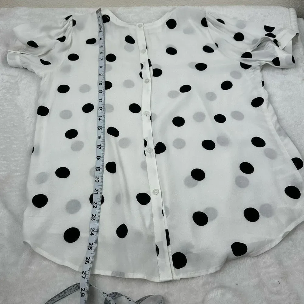 Loft Women's Size M Button Back Semi‎ Sheer Polka Dot Blouse Black White